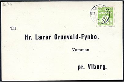 7 øre Bølgelinie på tryksag annulleret med stjernestempel KJELDBY 1929 til Vammen pr. Viborg.