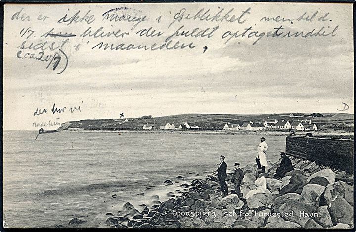 5 øre Bølgelinie på brevkort (Spodsbjerg set fra Hundested havn) annulleret med stjernestempel HUNDESTED og sidestemplet Frederiksværk d. 27.6.1913 til København. 