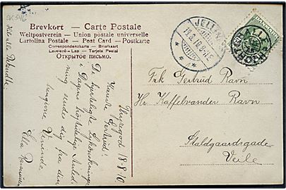 5 øre Fr. VIII på brevkort annulleret med stjernestempel HJORTSBALLE og sidestemplet Jellinge d. 18.8.1910 til Vejle.