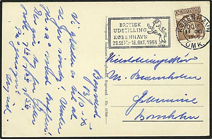 20 øre Fr. IX på brevkort annulleret med TMS Britiske Udstilling/København OMK. d. 14.10.1955 til Østermarie, Bornholm.
