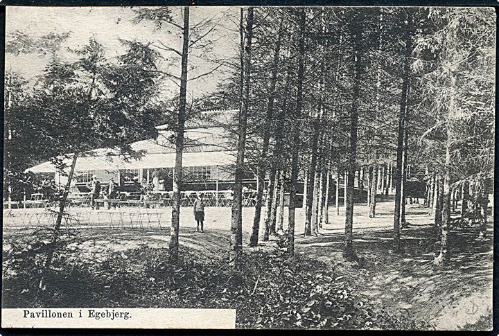 5 øre Fr. VIII på brevkort (Pavillonen i Egebjerg) annulleret med stjernestempel EGEBJERG og sidestemplet Horsens d. 19.9.1911 til Aalborg.
