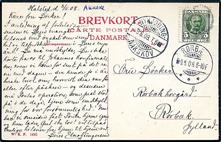 5 øre Fr. VIII på brevkort annulleret med uldent stjernestempel AUNEDE og sidestemplet bureau Nykjøbing - Nakskov T.6 d. 8.6.1908 til Rærbæk. Ank.stemplet i Rørbæk d. 9.6.1908.