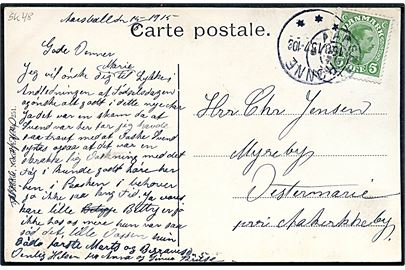 5 øre Chr. X på brevkort annulleret med stjernestempel AARSBALLE og sidestemplet Rønne d. 15.8.1915 til Vestermarie pr. Aakirkeby.