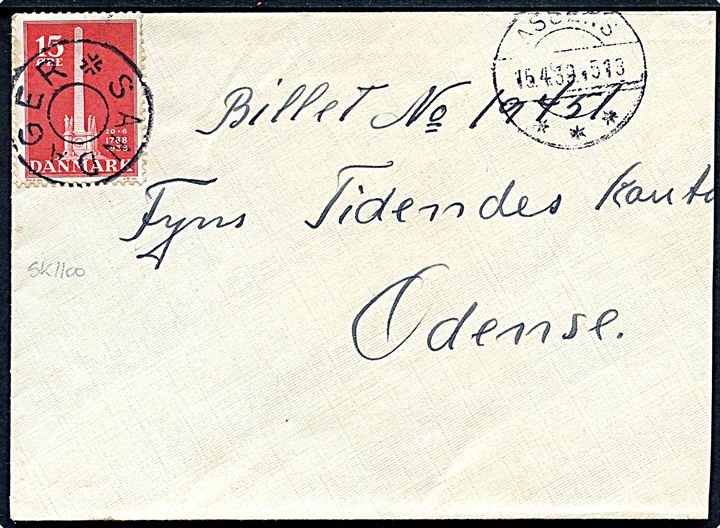 15 øre Stavnsbåndet på brev annulleret med udslebet stjernestempel SANDAGER og sidestemplet Assens d. 15.4.1939 til Odense.