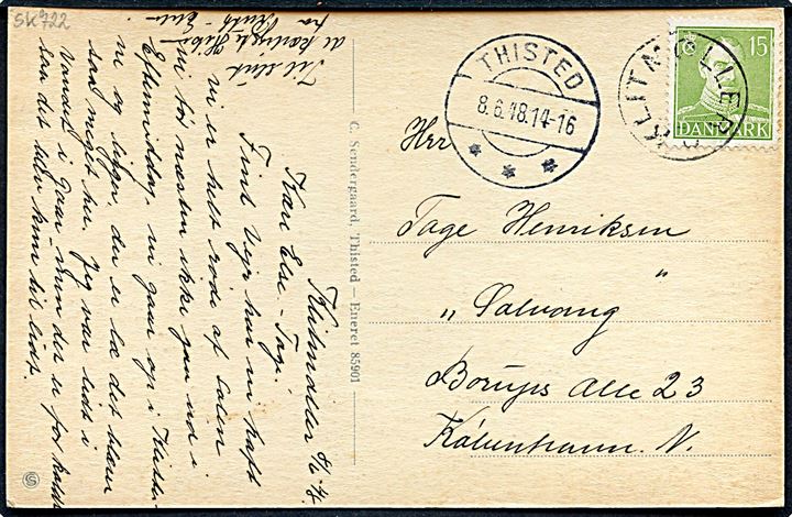 15 øre Chr. X på brevkort (Landingspladsen, Klitmøller) annulleret med udslebet stjernestempel KLITMØLLER og sidestemplet Thisted d. 8.6.1948 til København.