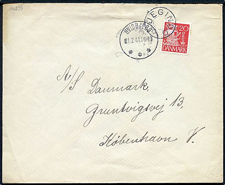 20 øre Karavel på brev annulleret med udslebet stjernestempel JEGINDØ og sidestemplet brotype IIIc Hvidbjerg d. 1.2.1941 til København.