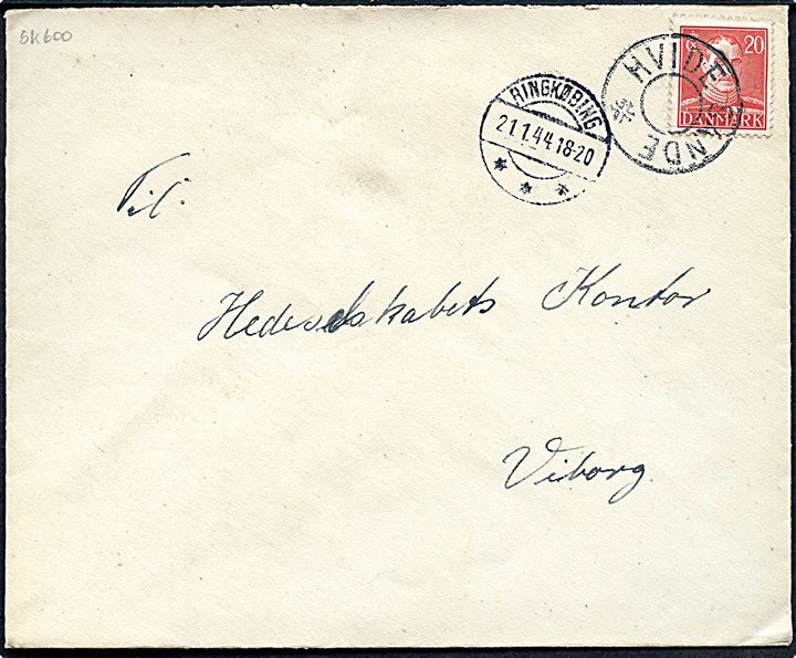 20 øre Chr. X på brev annulleret med udslebet stjernestempel HVIDE SANDE og sidestemplet Ringkøbing d. 21.1.1944 til Viborg.