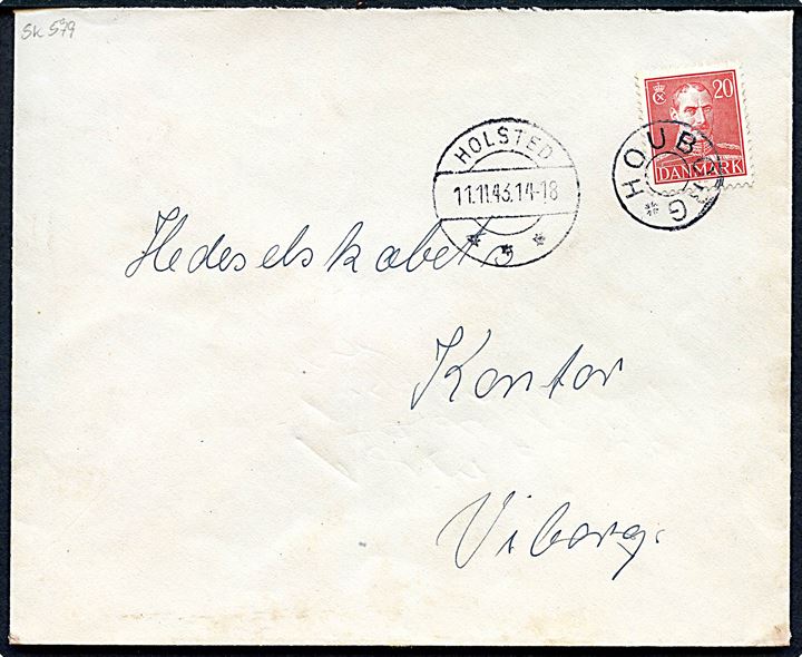 20 øre Chr. X på brev annulleret med udslebet stjernestempel HOUBORG og sidestemplet Holsted d. 11.11.1943 til Viborg.