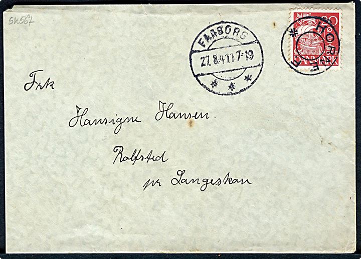 20 øre Karavel på brev annulleret med udslebet stjernestempel HORNE F. og sidestemplet Faaborg d. 27.8.1941 til Rolfsted pr. Langeskov.