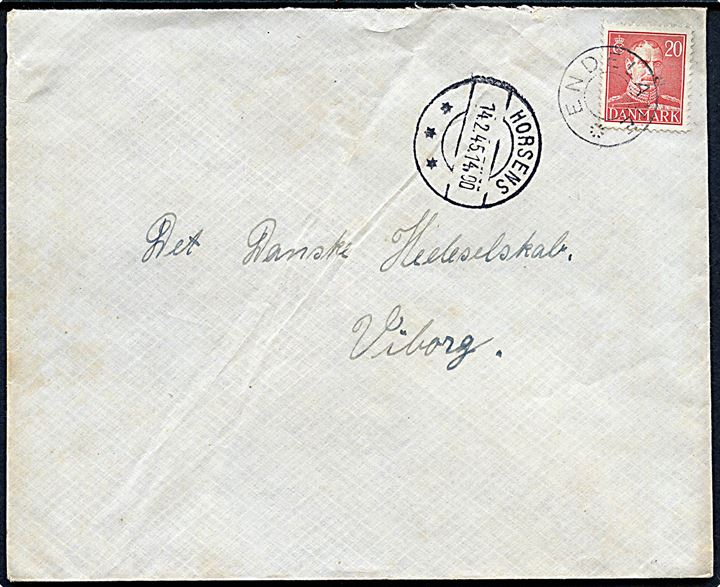 20 øre Chr. X på brev annulleret med udslebet stjernestempel ENDELAVE og sidestemplet Horsens d. 14.2.1945 til Viborg.