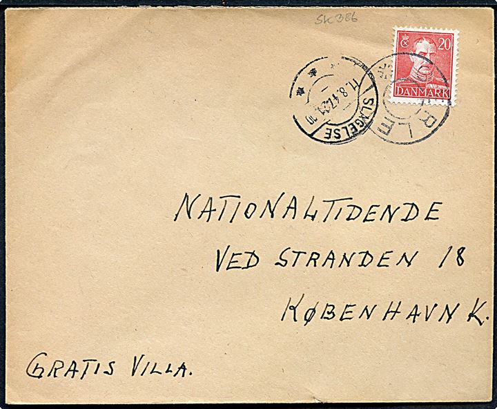 20 øre Chr. X på brev annulleret med udslebet stjernestempel GERLEV og sidestemplet Slagelse d. 11.8.1947 til København.