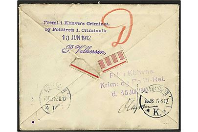 Engelsk 1d George V (3) på brev fra Sheerness d. 12.6.1912 til København, Danmark. På bagsiden 2 stempler: Fremlagt i Københavns Kriminal- og Politiret.