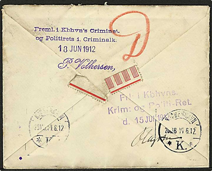 Engelsk 1d George V (3) på brev fra Sheerness d. 12.6.1912 til København, Danmark. På bagsiden 2 stempler: Fremlagt i Københavns Kriminal- og Politiret.