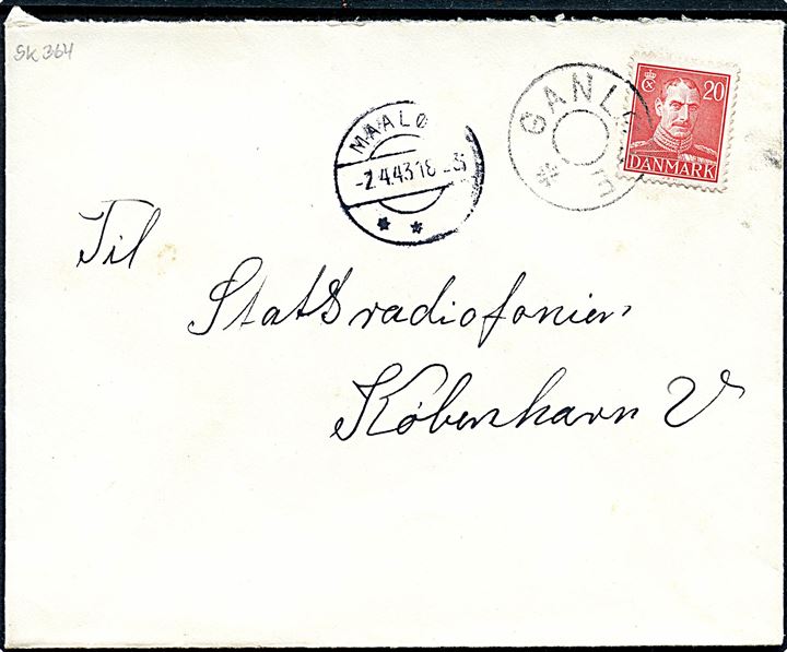 20 øre Chr. X på brev annulleret med udslebet stjernestempel GANLØSE og sidestemplet Maaløv d. 2.4.1943 til København.