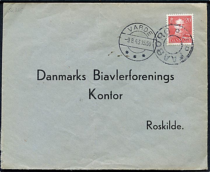 20 øre Chr. X på brev annulleret med udslebet stjernestempel FAABORG og sidestemplet Varde d. 9.8.1943 til Roskilde.