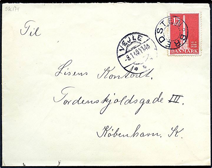 15 øre Stavnsbånd på brev annulleret med udslebet stjernestempel BREDSTEN og sidestemplet Vejle d. 8.1.1940 til København.