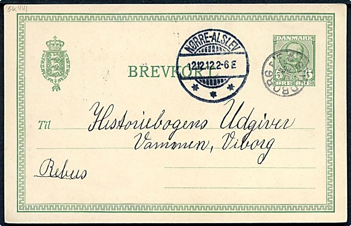 5 øre Fr. VIII helsagsbrevkort annulleret med stjernestempel GULDBORG p.F. og sidestemplet Nørre-Alslev d. 12.12.1912 til Vammen pr. Viborg.