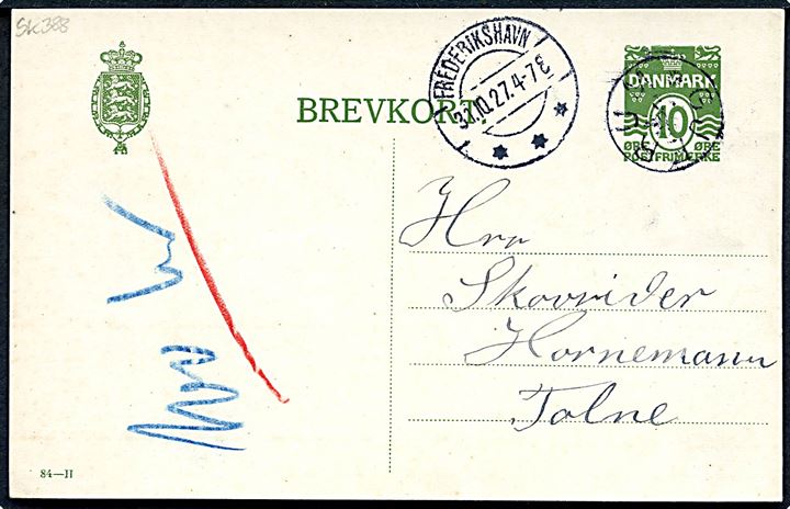 10 øre helsagsbrevkort (fabr. 84-H) annulleret med stjernestempel GJERUM og sidestemplet Frederikshavn d. 31.10.1927 til Tolne.