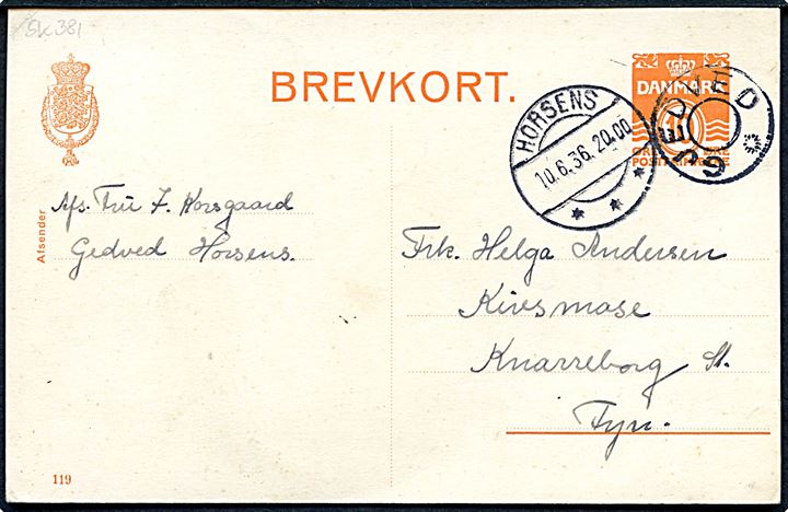10 øre helsagsbrevkort (fabr. 119) annulleret med udslebet stjernestempel GJEDVED og sidestemplet Horsens d. 10.6.1936 til Knarreborg.