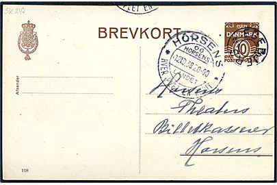 10 øre helsagsbrevkort (fabr. 128) annulleret med udslebet stjernestempel EGEBJERG og sidestemplet Horsens d. 12.10.1938 til Horsens.