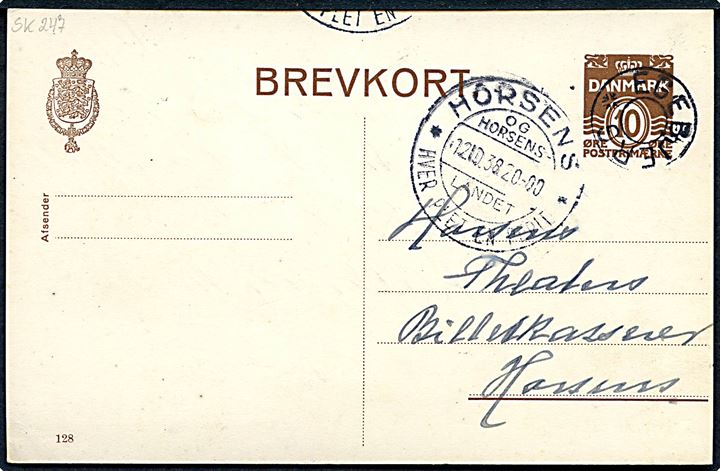 10 øre helsagsbrevkort (fabr. 128) annulleret med udslebet stjernestempel EGEBJERG og sidestemplet Horsens d. 12.10.1938 til Horsens.