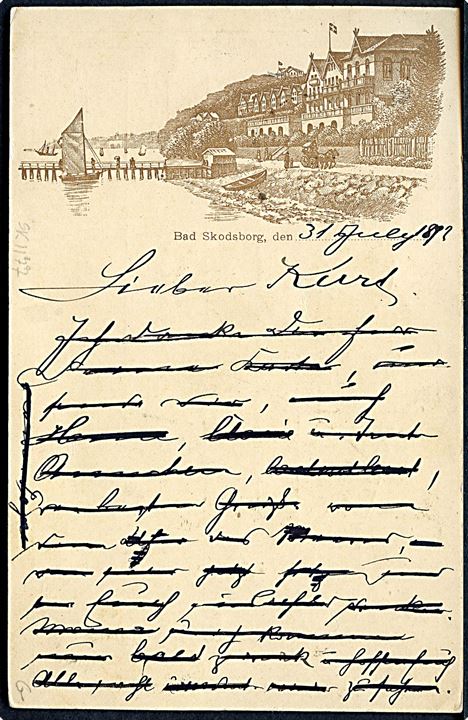 10 øre Våben illustreret helsagsbrevkort Bad Skodsborg annulleret med stjernestempel SKODSBORG og sidestemplet Kjøbenhavn V. d. 1.8.1893 til Crefeld, Tyskland.