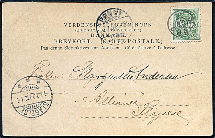 5 øre Våben på brevkort annulleret med stjernestempel NYBRO og sidestemplet Rønne 1904 til Slagelse.