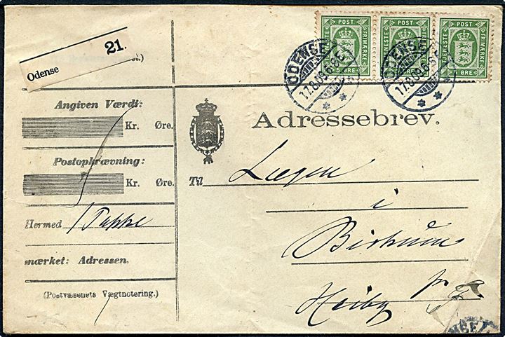5 øre Tjenestemærke i vandret 3-stribe på adressebrev for pakke fra Distriktslægen i Odense d. 17.8.1909 til Birkum pr. Højby St. Fold.