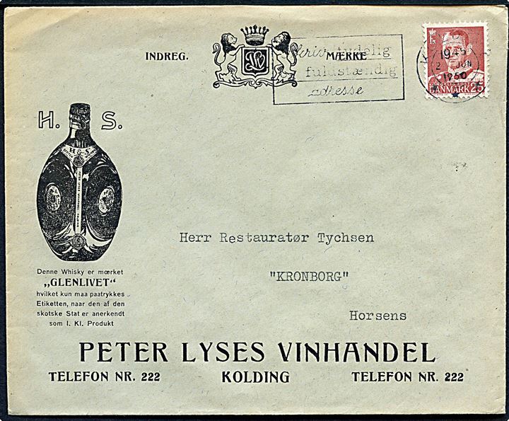25 øre Fr. IX på illustreret firmakuvert fra Peter Lyses Vinhandel i Kolding d. 2.6.1950 til Horsens.