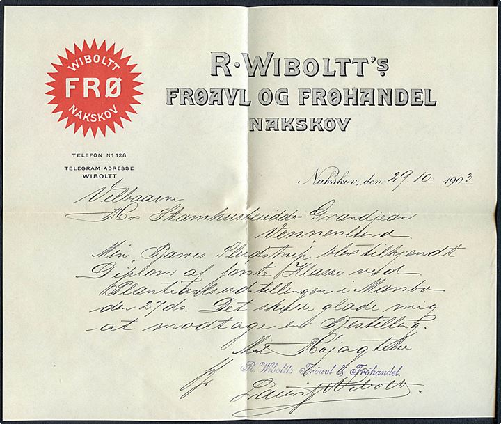 10 øre Våben på illustreret firmakuvert fra R. Wiboltt's Frøavl og Frøhandel i Nakskov d. 29.10.1903 til Nørre Alslev. Fuldt indhold.