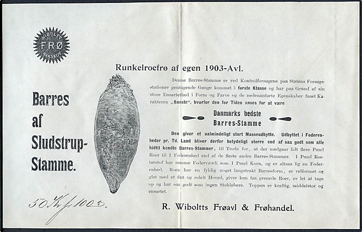 10 øre Våben på illustreret firmakuvert fra R. Wiboltt's Frøavl og Frøhandel i Nakskov d. 29.10.1903 til Nørre Alslev. Fuldt indhold.