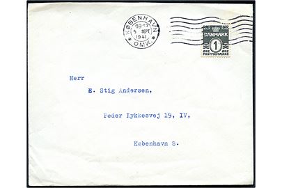 1 øre Bølgelinie single på lokalbrev i København d. 5.9.1941. Ikke udtakseret i porto.