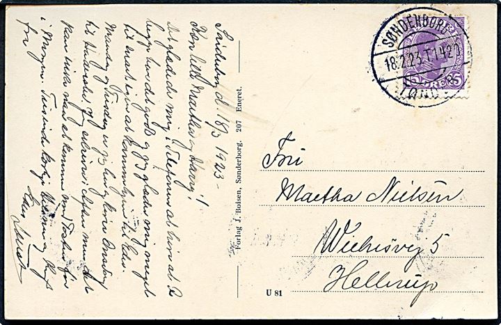 15 øre Chr. X på brevkort fra Sønderborg annulleret med bureaustempel Sønderborg - Tønder sn2 T.1420 d. 18.2.1923 til Hellerup.