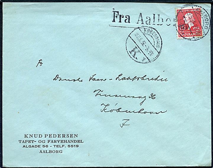 15 øre H. C. Andersen på brev annulleret Aalborg B. d. 29.5.1936 og sidestemplet både Fra Aalborg og København K. d. 30.5.1936 til København.