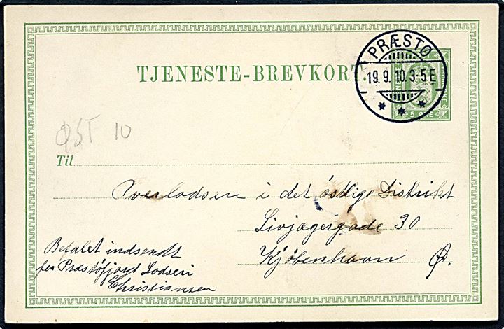 5 øre helsags tjenestebrevkort påskrevet Befalet Indberetning fra Præstøfjord Lodseri stemplet Præstø d. 19.9.1910 til Kjøbenhavn.
