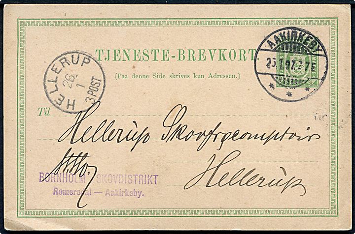 5 øre Tjenestebrevkort fra Bornholms Skovdistrikt Rømersdal annulleret med brotype Ia Aakirkeby d. 25.1.1897 til Hellerup.