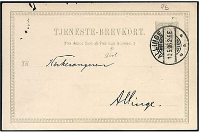 3 øre Tjenestebrevkort fra St. Ols og Allinge Pastorat sendt lokalt i Allinge d. 30.5.1896 til Kirkesangeren i Allinge.