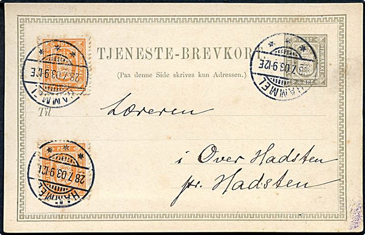 3 øre Tjenestebrevkort opfrankeret med 1 øre Tjenestemærke (2) fra Frijsenborg Lægedistrikt i Hammel d. 28.7.1903 til Over Hadsten pr. Hadsten. 