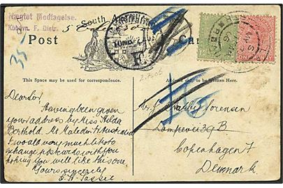 South Australia 1½d på underfrankeret brevkort fra Adelaide d. 3.5.1906 til København, Danmark. Udtakseret i 16 øre dansk porto. Retur med stempel: Nægtet Modtagelse / Kbhavn. F.
