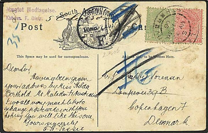 South Australia 1½d på underfrankeret brevkort fra Adelaide d. 3.5.1906 til København, Danmark. Udtakseret i 16 øre dansk porto. Retur med stempel: Nægtet Modtagelse / Kbhavn. F.