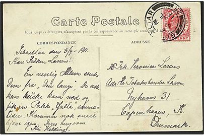 1d Edward VII på brevkort fra Gibraltar d. 5.7.1911 til København, Danmark.