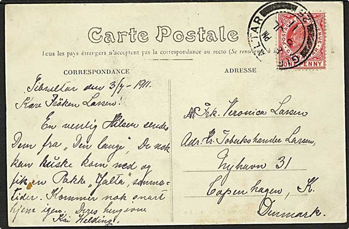 1d Edward VII på brevkort fra Gibraltar d. 5.7.1911 til København, Danmark.