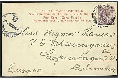 3 c. Edward VII på brevkort fra Singapore d. 20.12.1905 til København, Danmark.