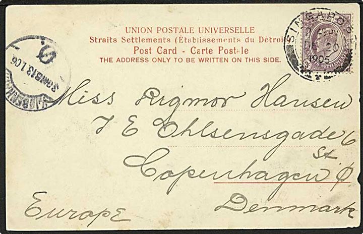 3 c. Edward VII på brevkort fra Singapore d. 20.12.1905 til København, Danmark.