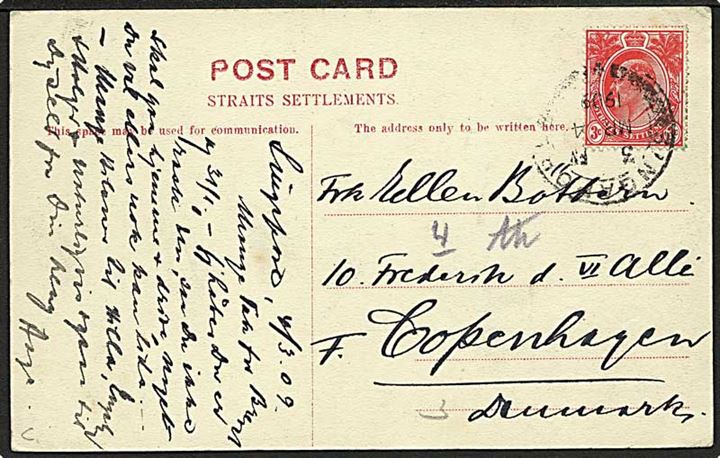 3 c. Edward VII på brevkort fra Singapore d. 4.3.1909 til København, Danmark.