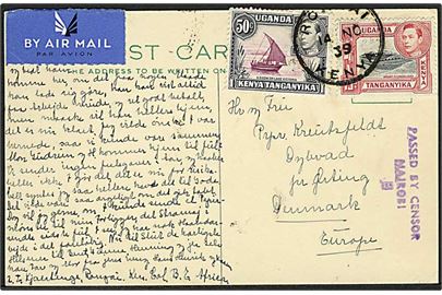 15 c. og 50 c. George VI på luftpost brevkort fra Rougai Kenya d. 14.11.1939 til Dybvad pr. Ørting, Danmark. Tidlig lokal censur: Passed by Censor Nairobi 5