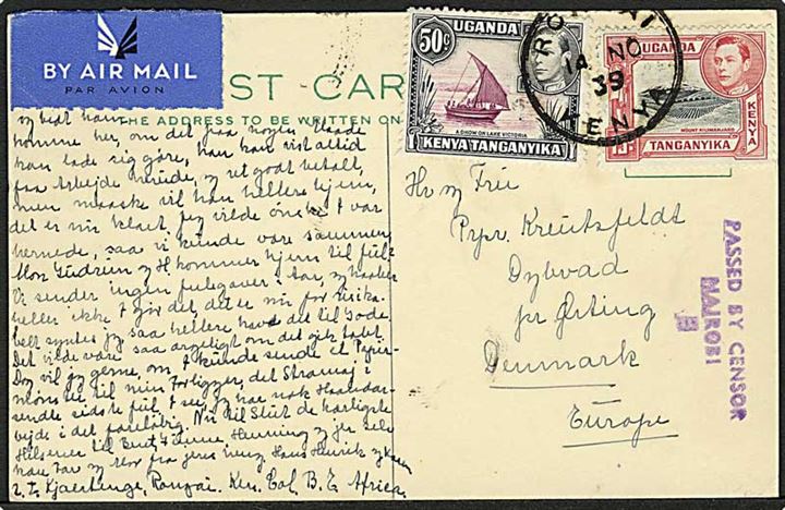 15 c. og 50 c. George VI på luftpost brevkort fra Rougai Kenya d. 14.11.1939 til Dybvad pr. Ørting, Danmark. Tidlig lokal censur: Passed by Censor Nairobi 5