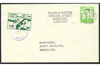 Belgisk 3.50 og 20p Europa Mail Delivery 1971 på engelsk strejke post brev stemplet Bruxelles d. 8.3.1971 til Bruxelles, Belgien.