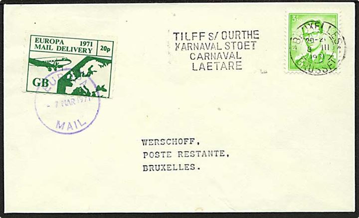 Belgisk 3.50 og 20p Europa Mail Delivery 1971 på engelsk strejke post brev stemplet Bruxelles d. 8.3.1971 til Bruxelles, Belgien.