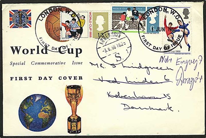 Komplet sæt Fodbold VM på illustreret FDC fra London d. 1.6.1966 til København, Danmark.